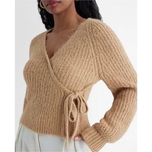 Express Tan Fuzzy Ribbed Surplice Tie Wool Blend Sweater